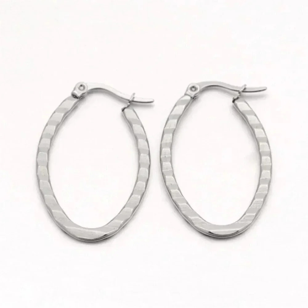 Surgical Stainless Steel Art Deco Zig Zag Crimped Carved Silver Hoop Earrings